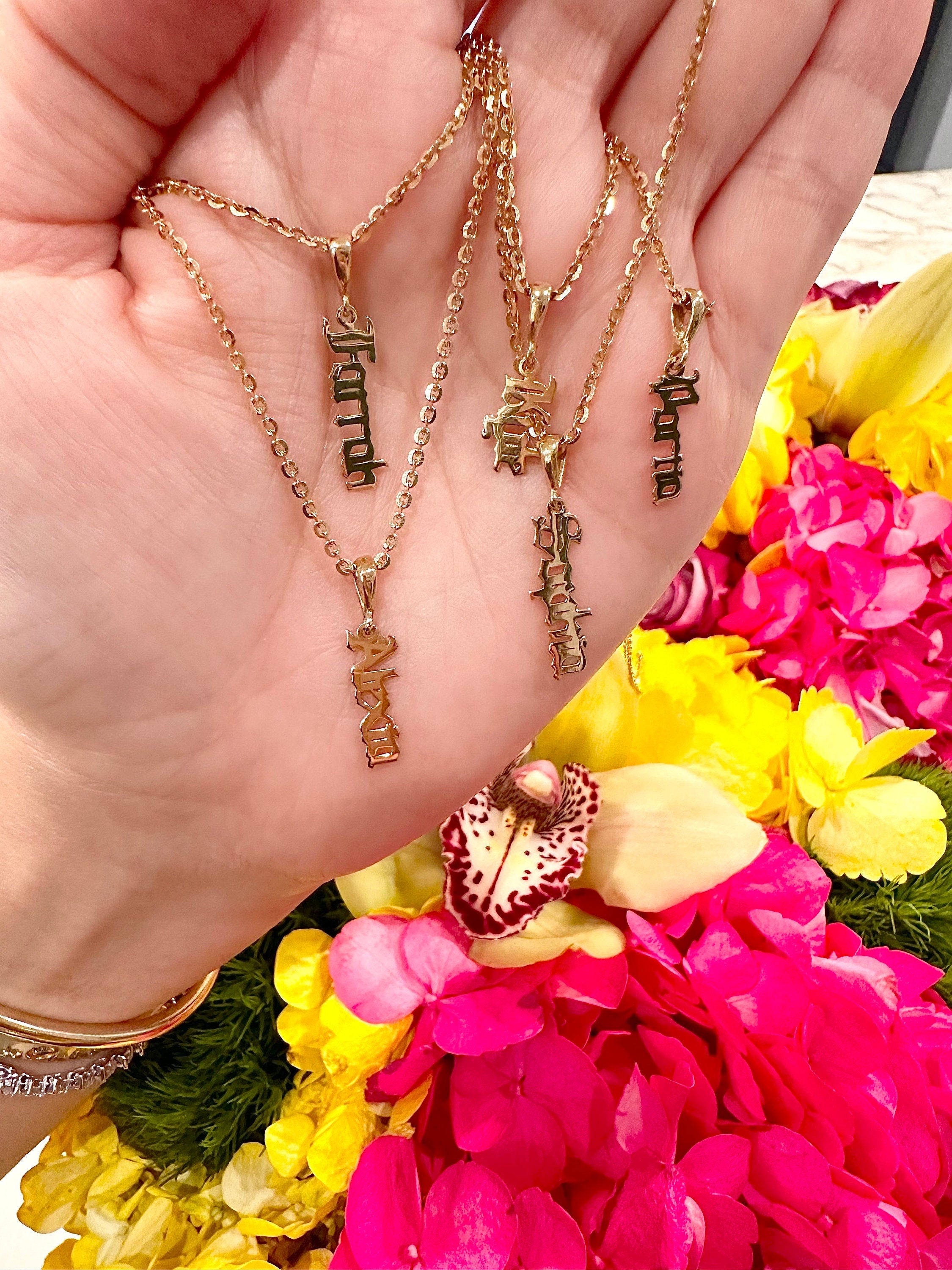 Old English/gothic vertical nameplate. Custom nameplate. Personalization Kyle necklace. Personalized nameplate. As seen on Kyle Richards.