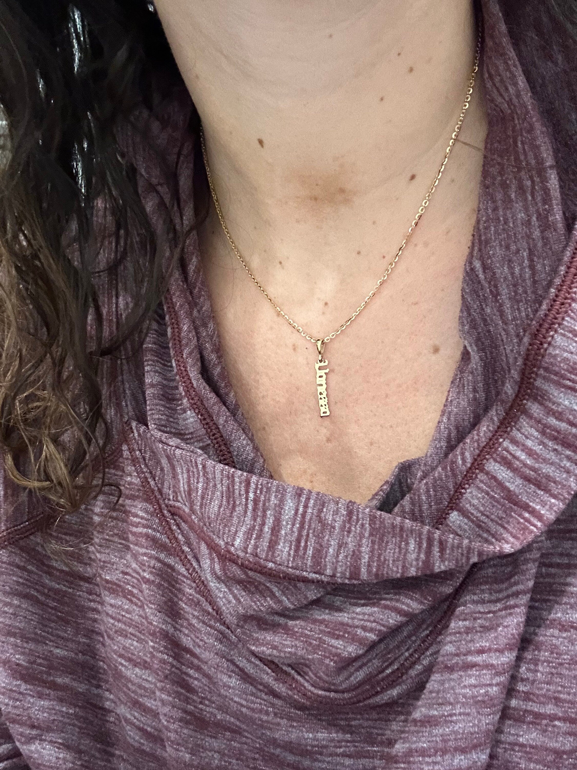 Old English/gothic vertical nameplate. Custom nameplate. Personalization Kyle necklace. Personalized nameplate. As seen on Kyle Richards.
