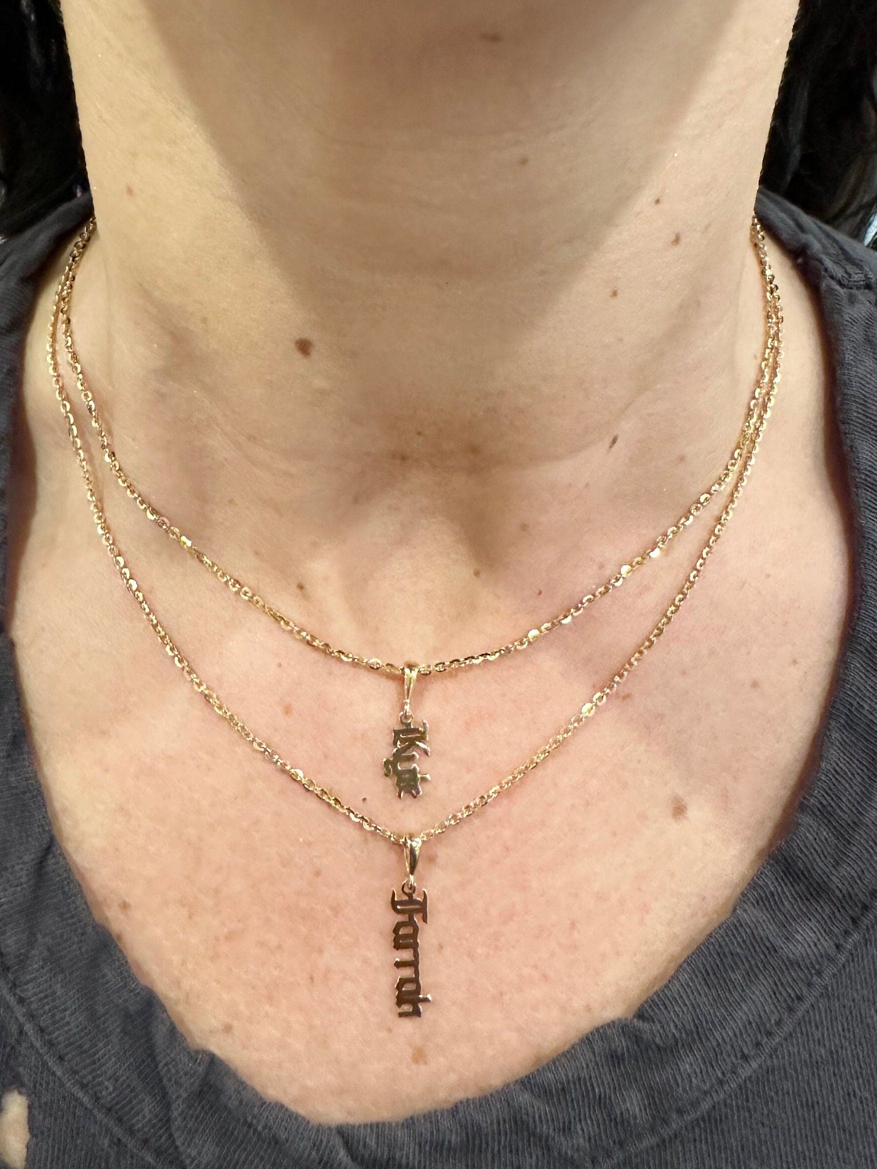 Old English/gothic vertical nameplate. Custom nameplate. Personalization Kyle necklace. Personalized nameplate. As seen on Kyle Richards.