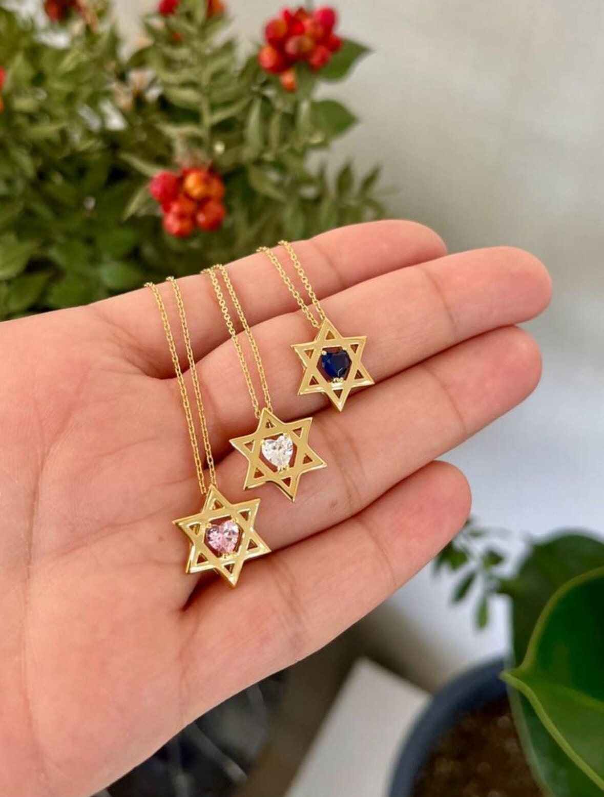 Floating diamond heart Star of David necklace | floating diamond heart jewish star necklace