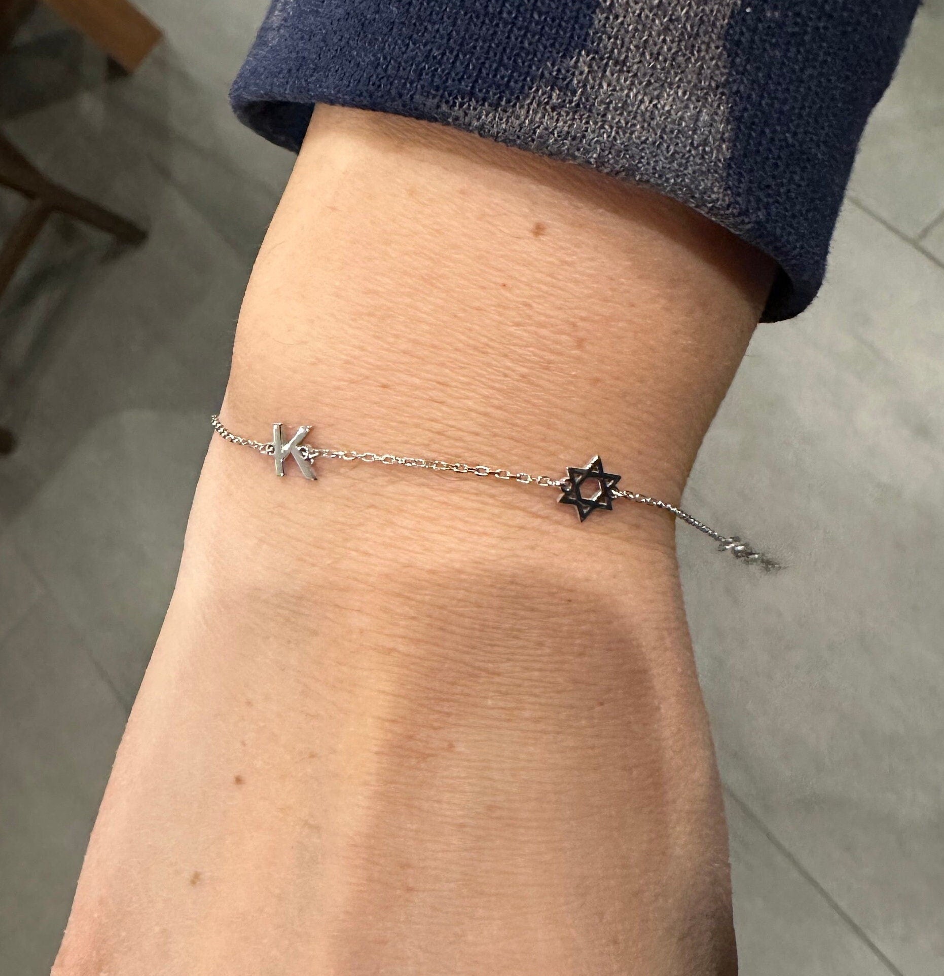 Initial jewish star bracelet. Initial plus Star of David bracelet. Custom initial Jewish star bracelet. Personalized Jewish star bracelets.