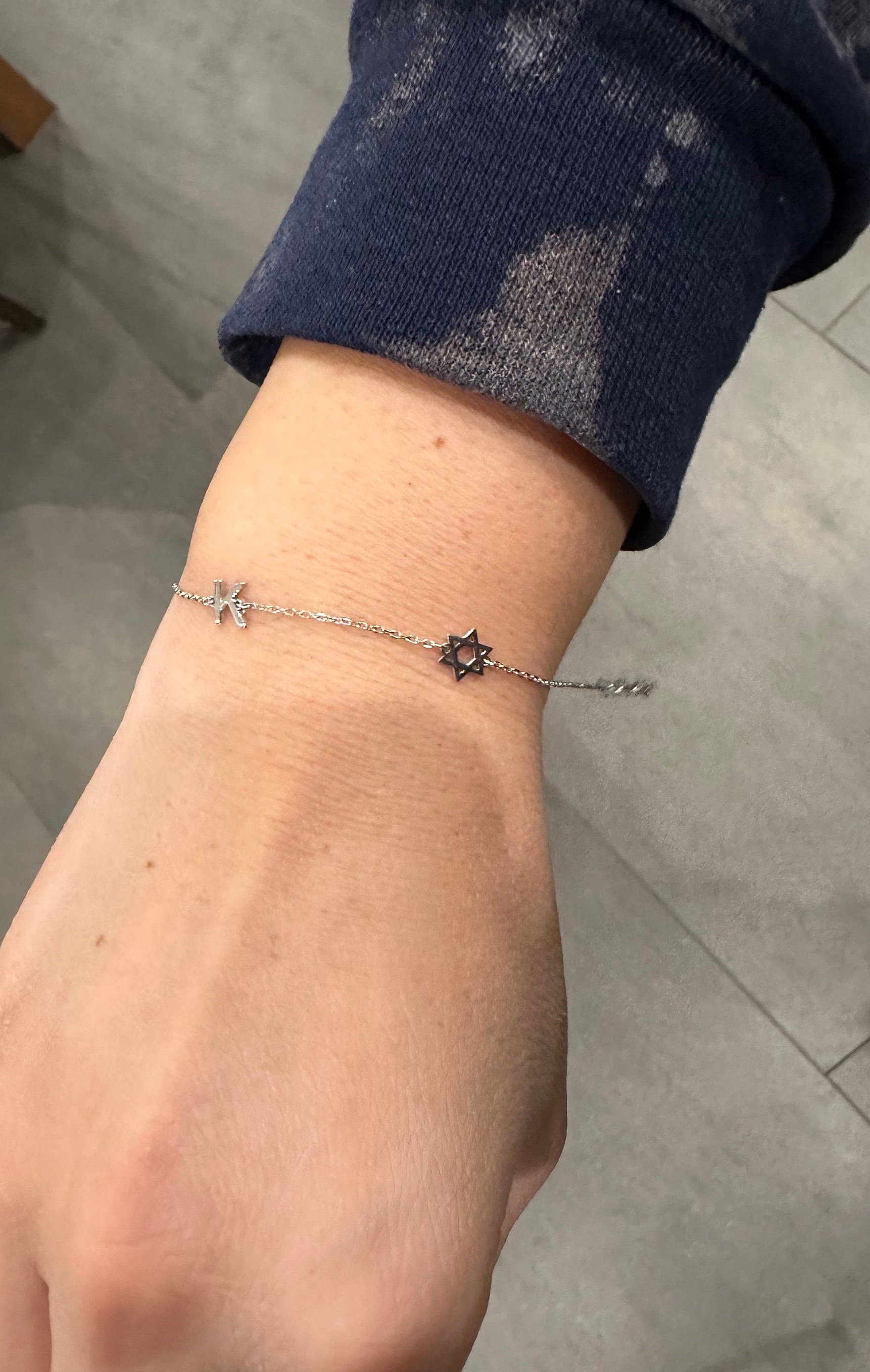 Initial jewish star bracelet. Initial plus Star of David bracelet. Custom initial Jewish star bracelet. Personalized Jewish star bracelets.