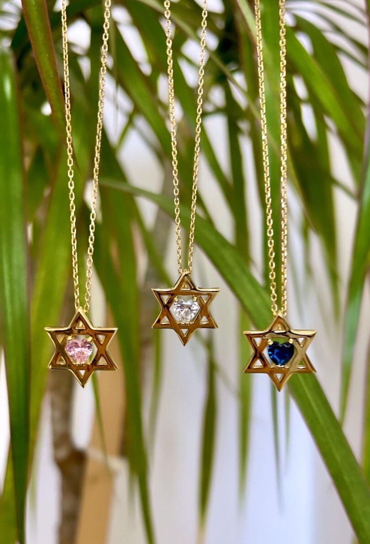 Floating diamond heart Star of David necklace | floating diamond heart jewish star necklace