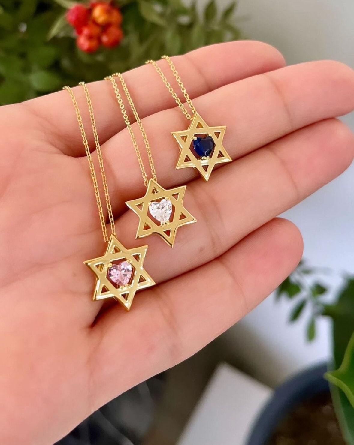 Floating diamond heart Star of David necklace | floating diamond heart jewish star necklace