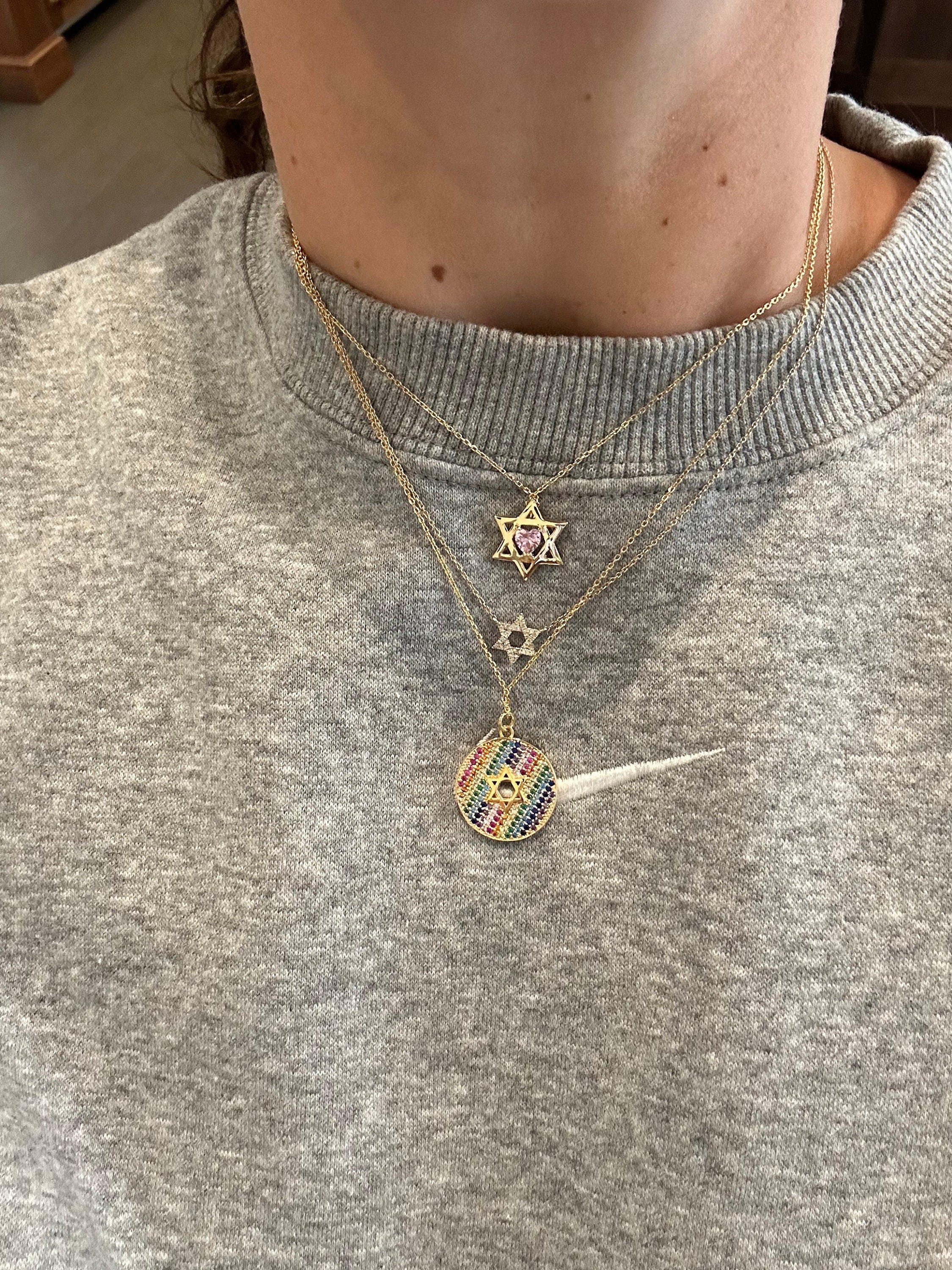 Rainbow pave Jewish star necklace | rainbow pave Star of David necklace | Rainbow disc Star of David necklace | rainbow disc Jewish star