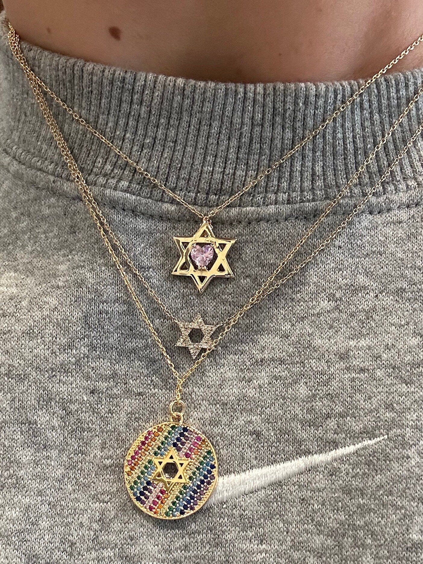 Floating diamond heart Star of David necklace | floating diamond heart jewish star necklace