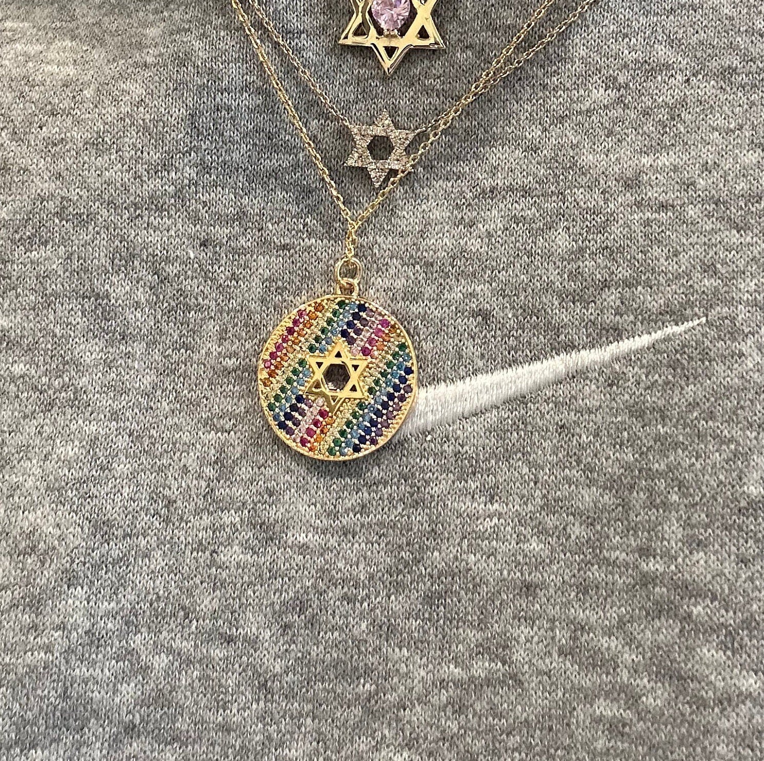 Rainbow pave Jewish star necklace | rainbow pave Star of David necklace | Rainbow disc Star of David necklace | rainbow disc Jewish star