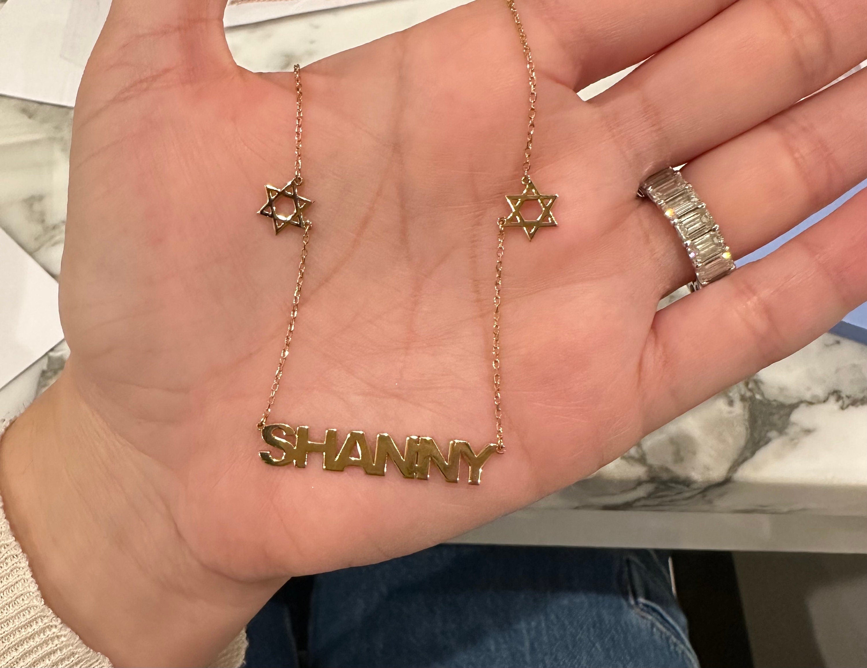 Nameplate with Jewish stars | personalized name necklace with Star of David | Jewish star nameplate necklace | custom Star of David necklace
