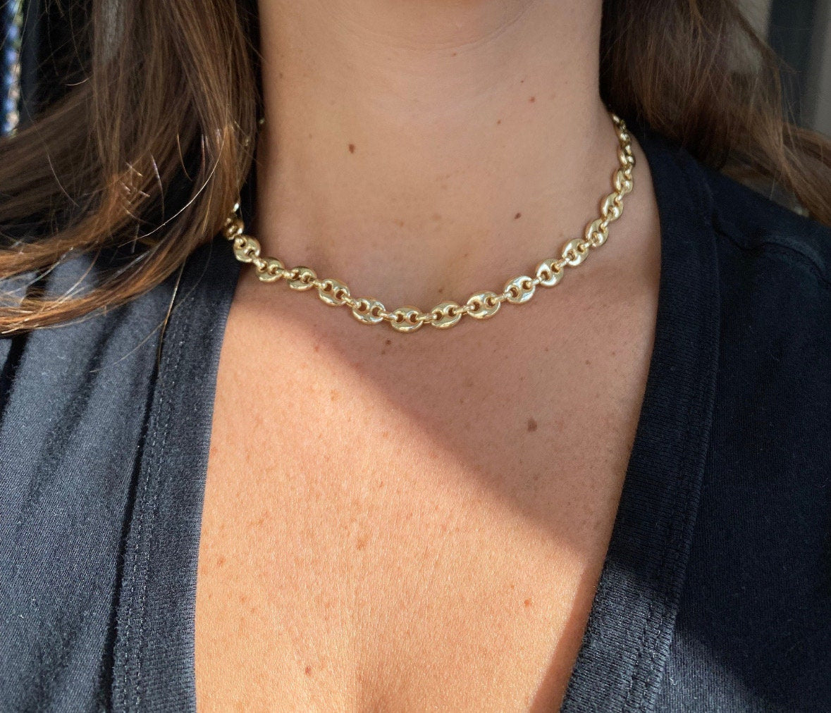 18K gold-filled puffed Mariner link choker | Mariner chain necklace | gold chain necklaces | puffed Mariner chain necklace gold and silver