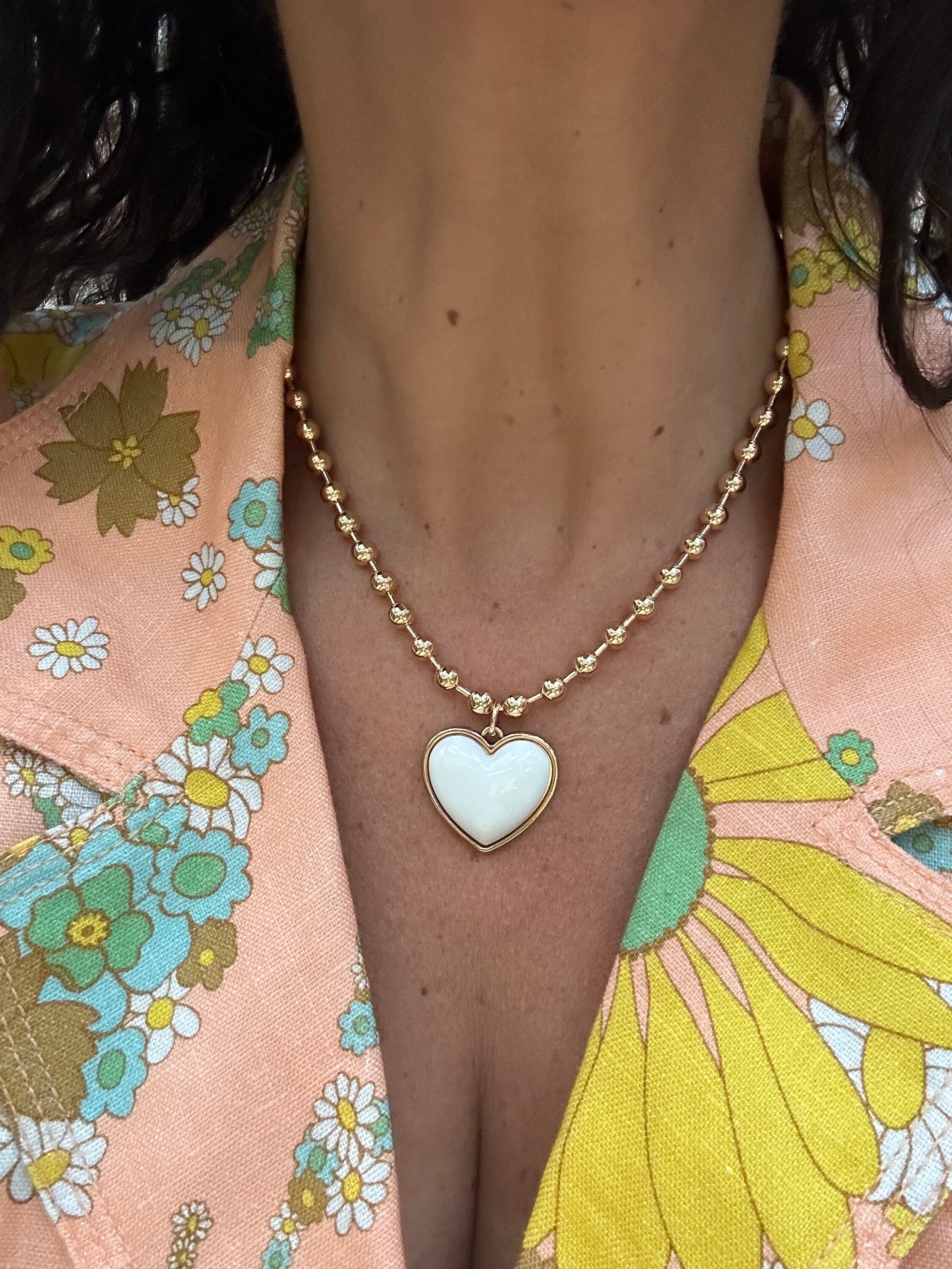 18K gold-filled large ball necklace with white enamel heart | gold-filled Bailey chain necklaces l ball chain and heart charm necklace