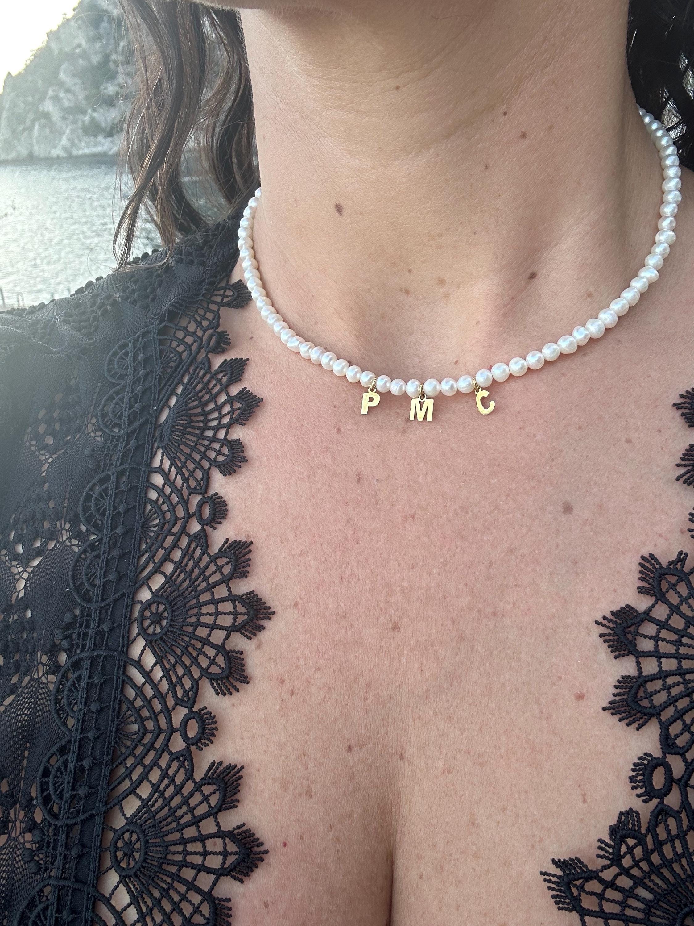 Mommy necklace with pearls and initials. Sterling silver and 14K gold plated. Available in gold or silver.