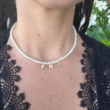 Mommy necklace with pearls and initials. Sterling silver and 14K gold plated. Available in gold or silver.