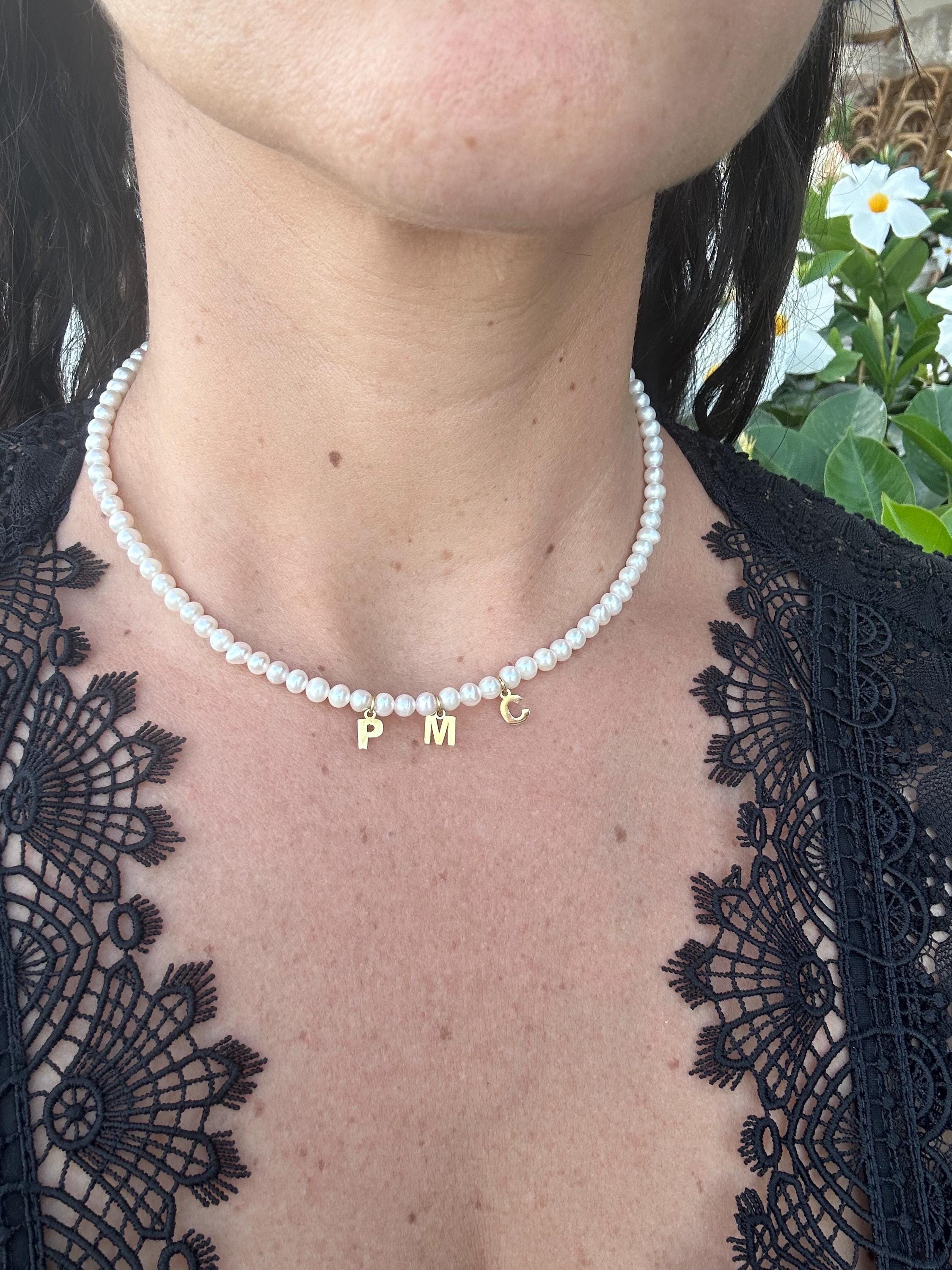 Mommy necklace with pearls and initials. Sterling silver and 14K gold plated. Available in gold or silver.
