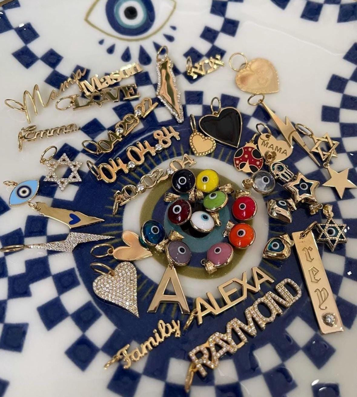 CHARMS! Heart charm. Star charm. Personalized charms. Name charm. Letter charm. Date charm. Jewish star charm. Star of David charm Eye charm