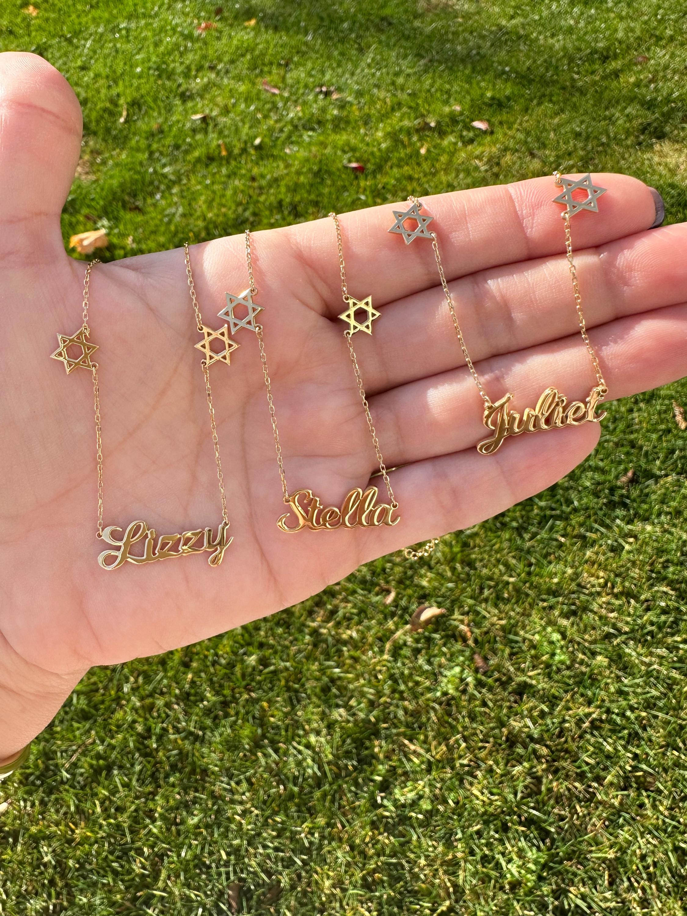 Nameplate with Jewish stars | personalized name necklace with Star of David | Jewish star nameplate necklace | custom Star of David necklace