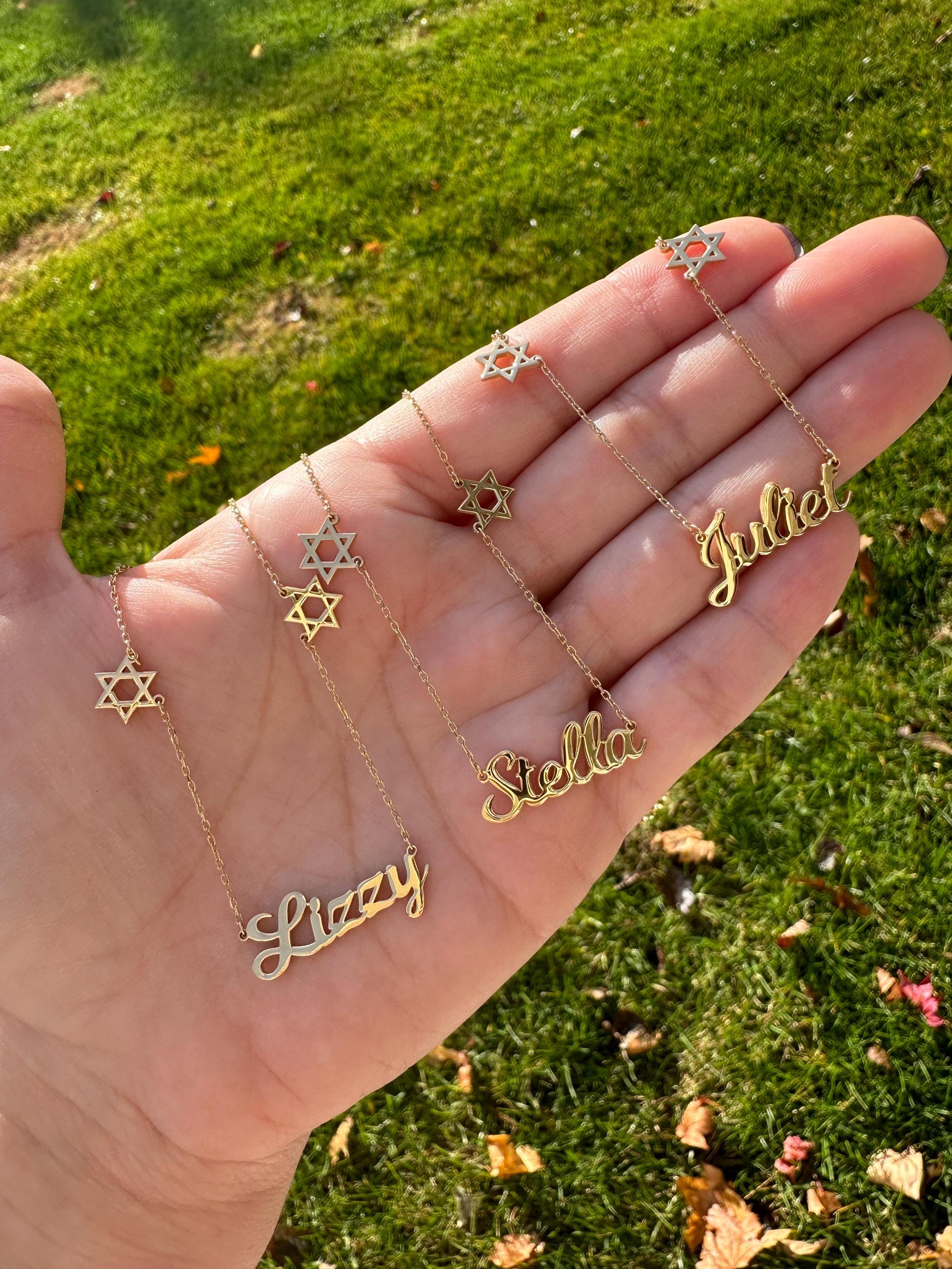 Nameplate with Jewish stars | personalized name necklace with Star of David | Jewish star nameplate necklace | custom Star of David necklace