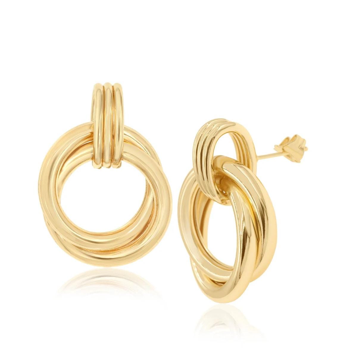 18K Gold-filled hollow twisted round drop earrings in gold and silver. Super light weight and hollow. Gold filled trendy earrings.
