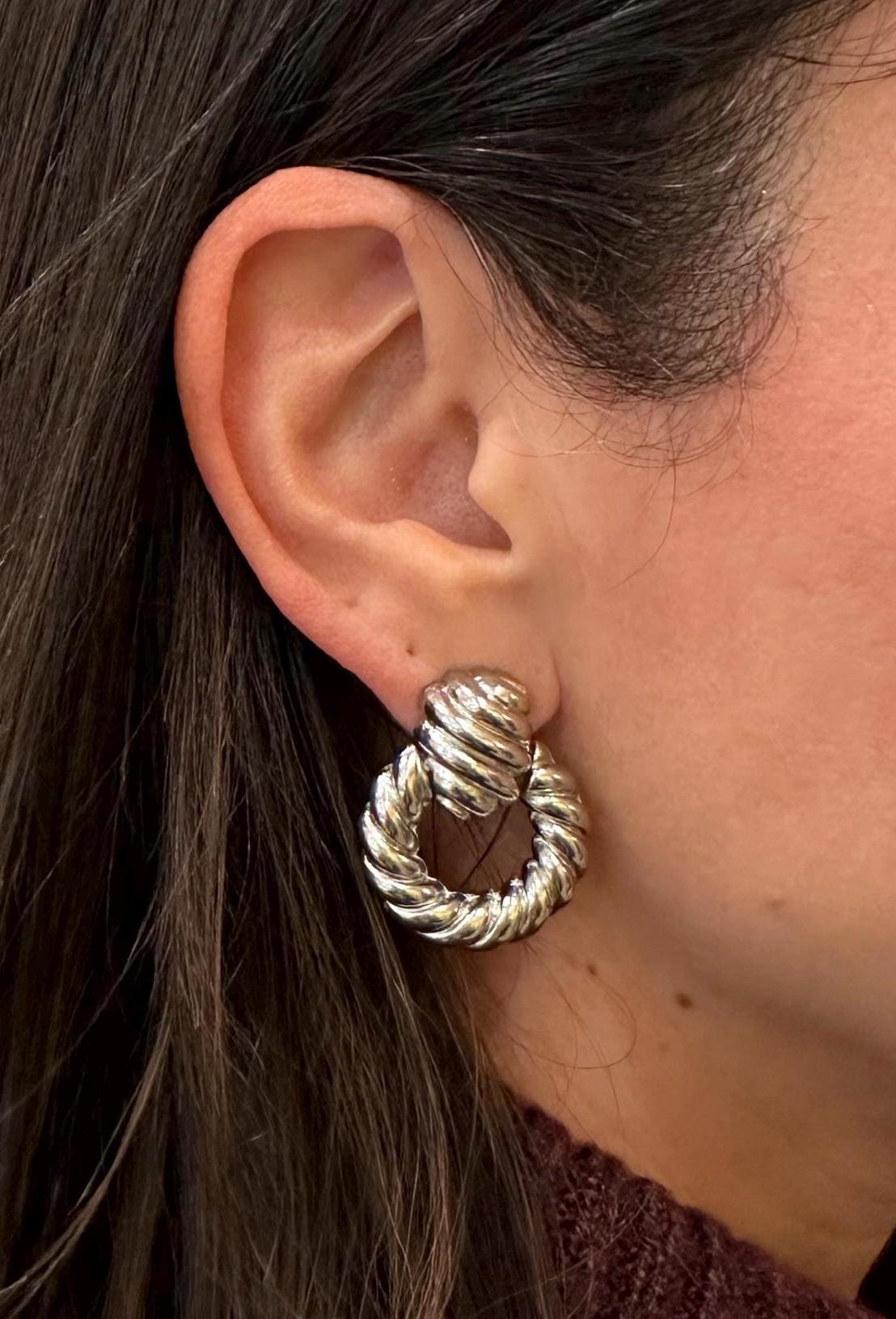 18K Gold filled hollow twisted hoop drop earrings in gold and silver. 18K Gold filled statement earrings. 18K Gold filled trendy earrings.