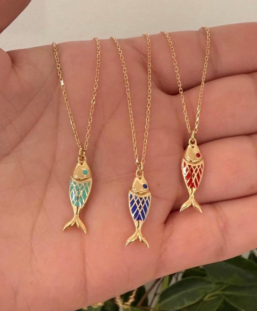 Sterling silver and gold plated enamel fish necklaces. Enamel fish jewelry. Enamel fish choker.