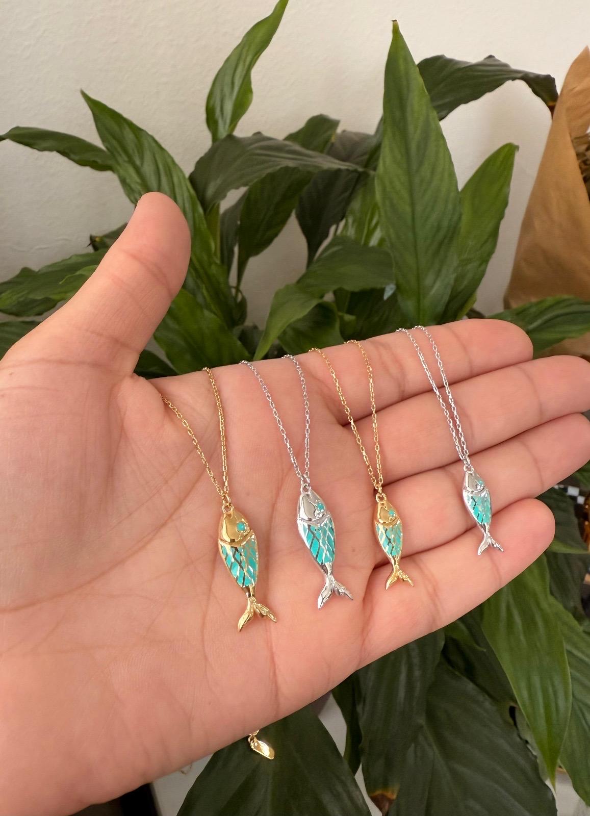 Sterling silver and gold plated enamel fish necklaces. Enamel fish jewelry. Enamel fish choker.