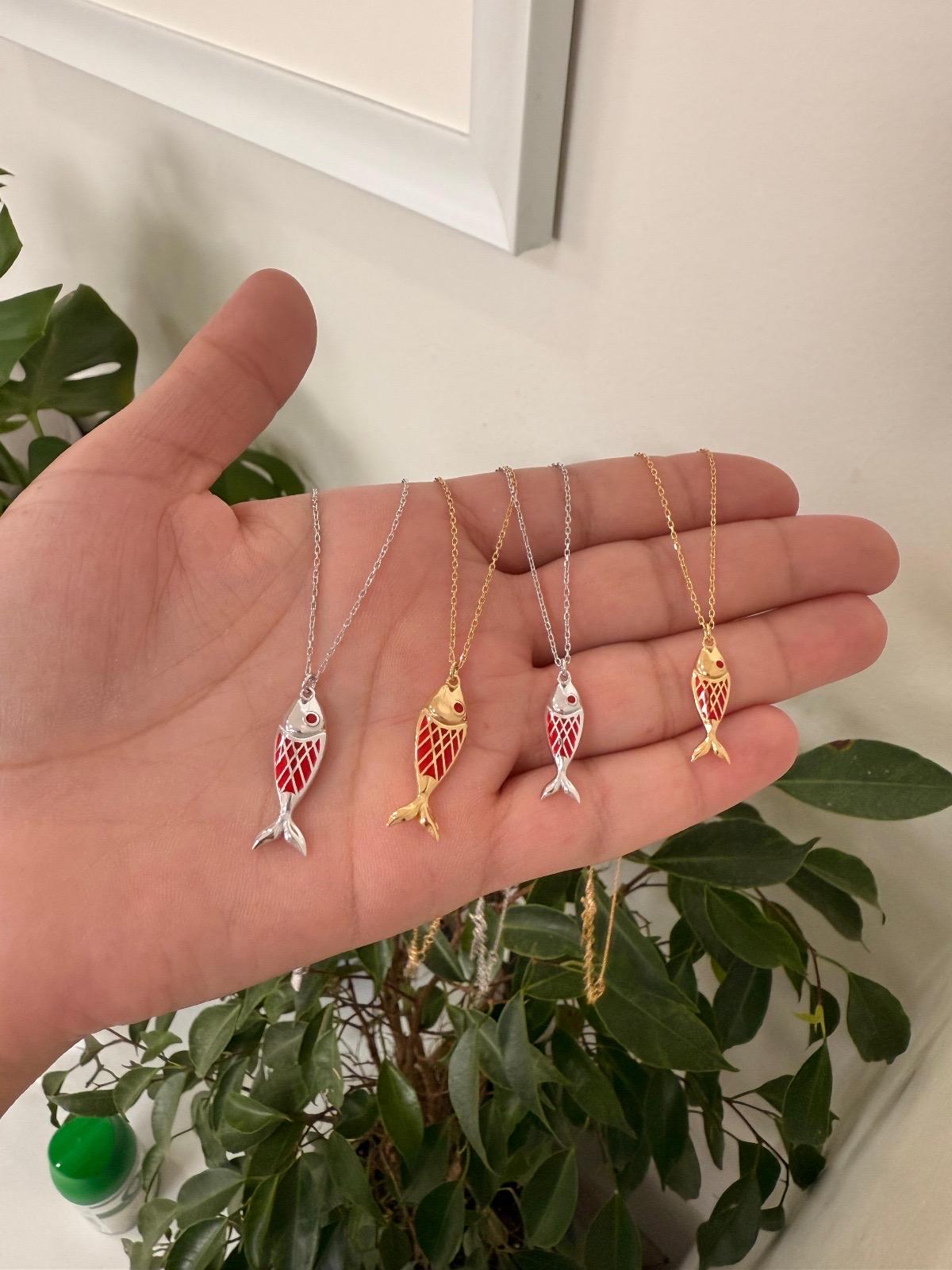 Sterling silver and gold plated enamel fish necklaces. Enamel fish jewelry. Enamel fish choker.