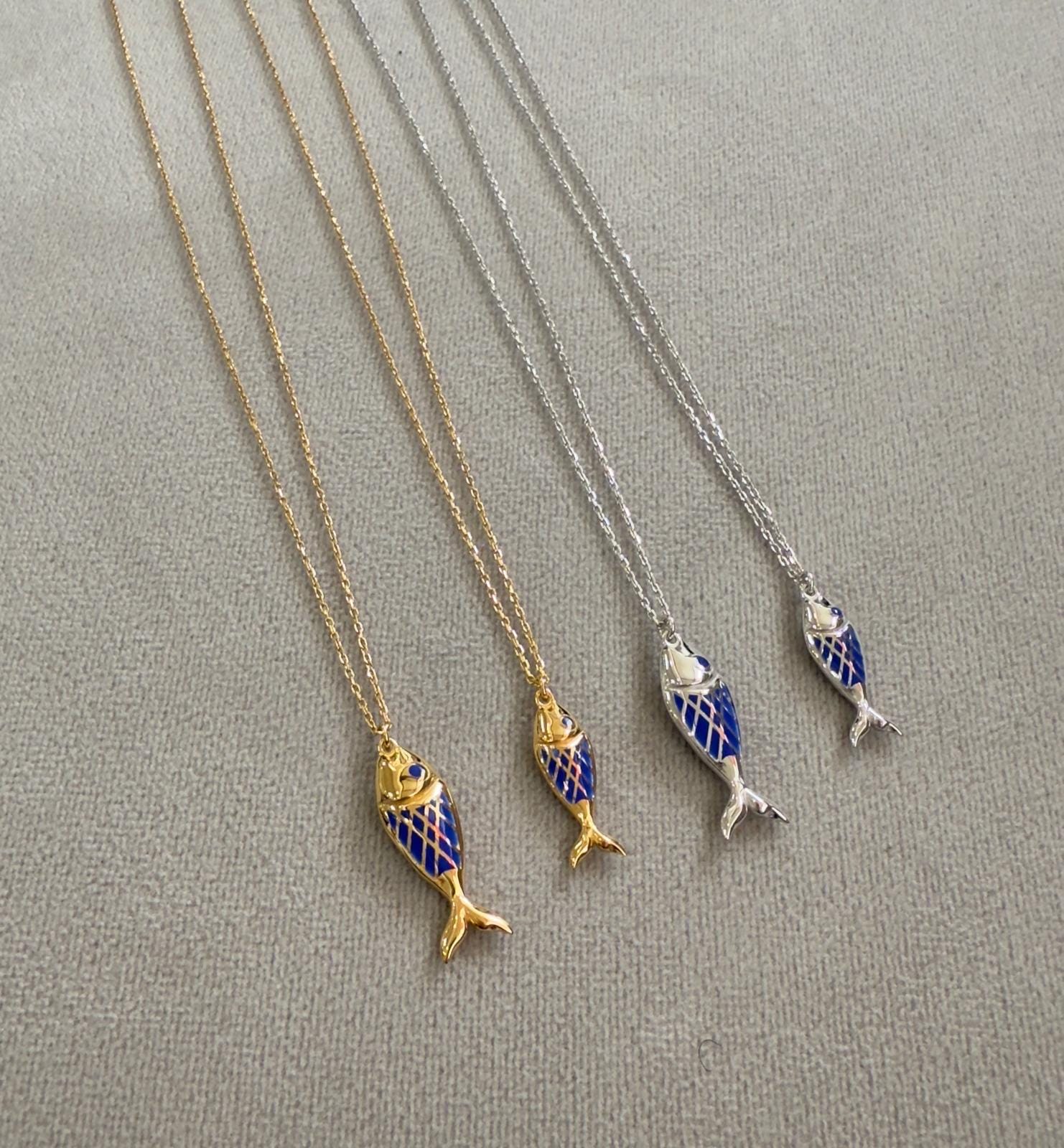 Sterling silver and gold plated enamel fish necklaces. Enamel fish jewelry. Enamel fish choker.