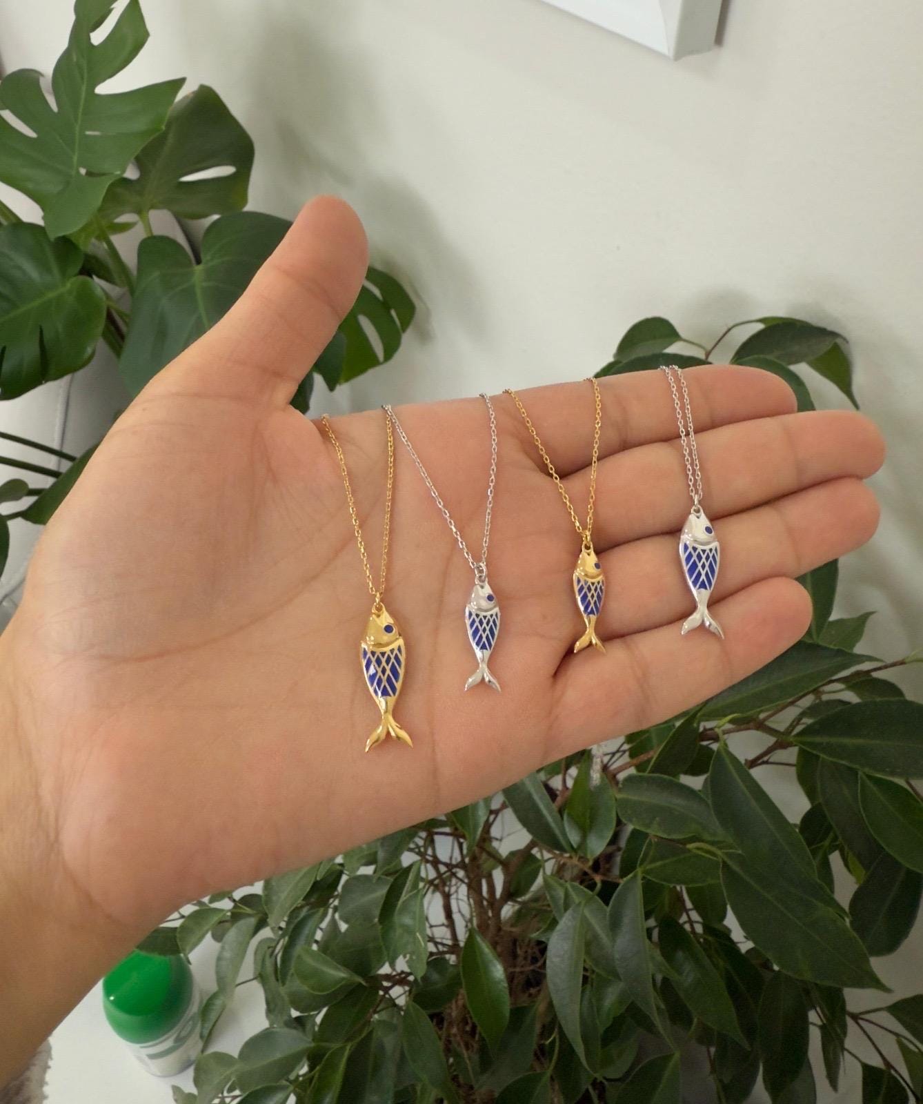 Sterling silver and gold plated enamel fish necklaces. Enamel fish jewelry. Enamel fish choker.