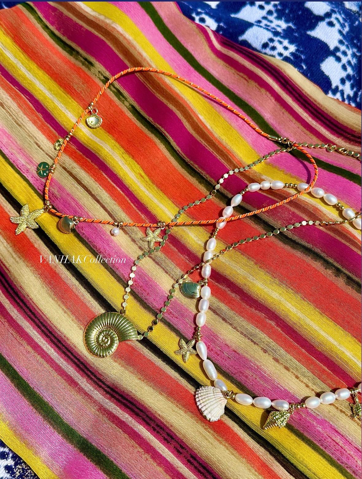 Julia pearls and shells charm necklace | Lauren sea life charm necklace with orange chord | summer jewelry | summer necklace