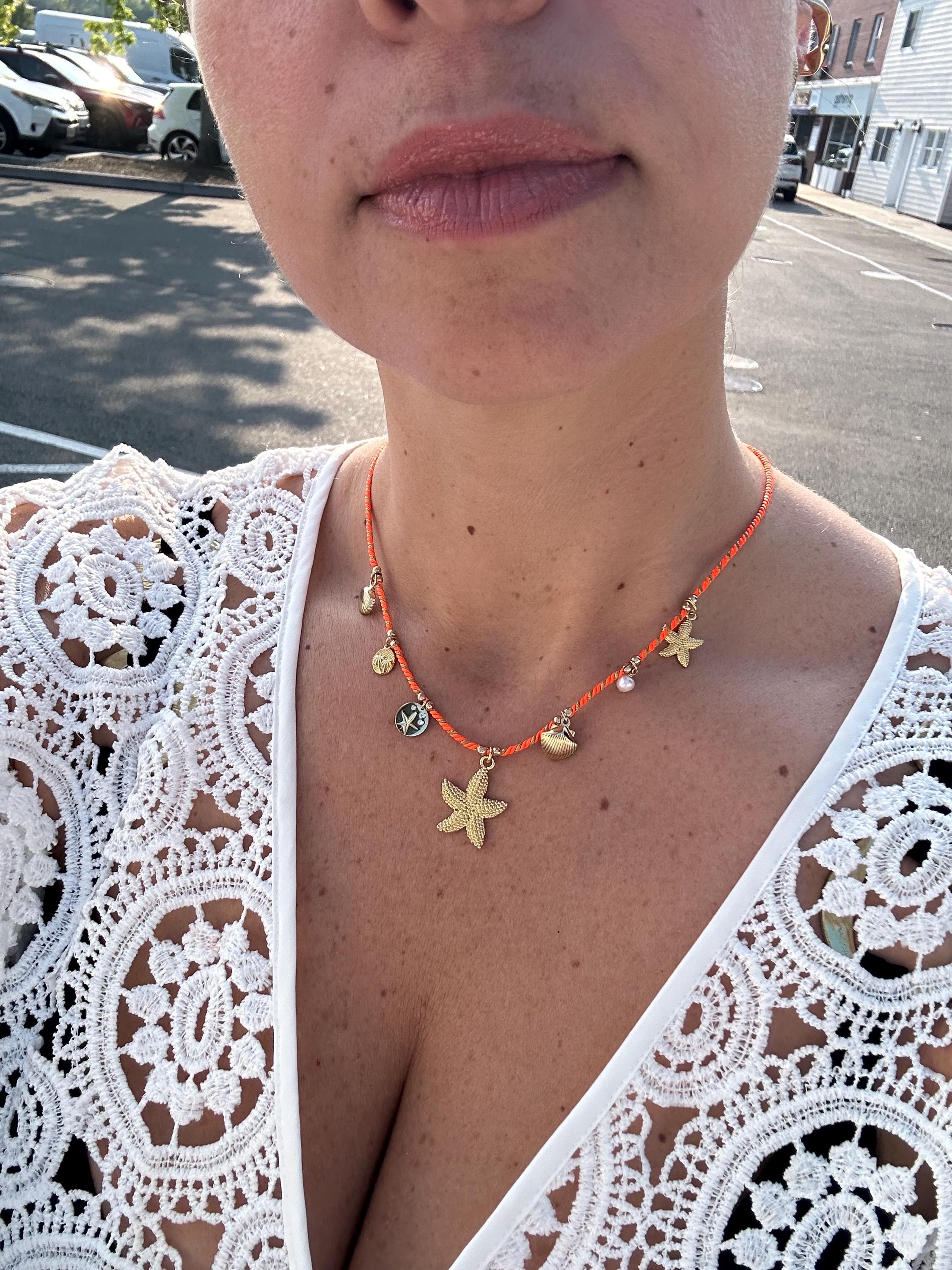 Julia pearls and shells charm necklace | Lauren sea life charm necklace with orange chord | summer jewelry | summer necklace