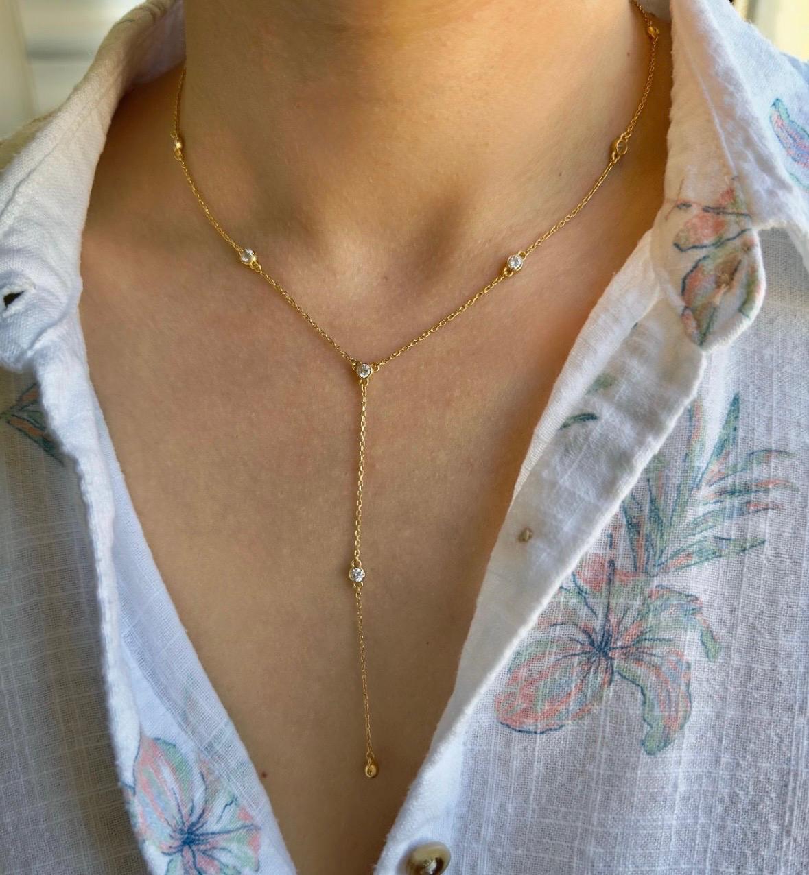 Mimi diamond bezel lariat necklace. Diamond by the yard lariat necklace. Diamond lariat necklace. Sterling silver gold plated.