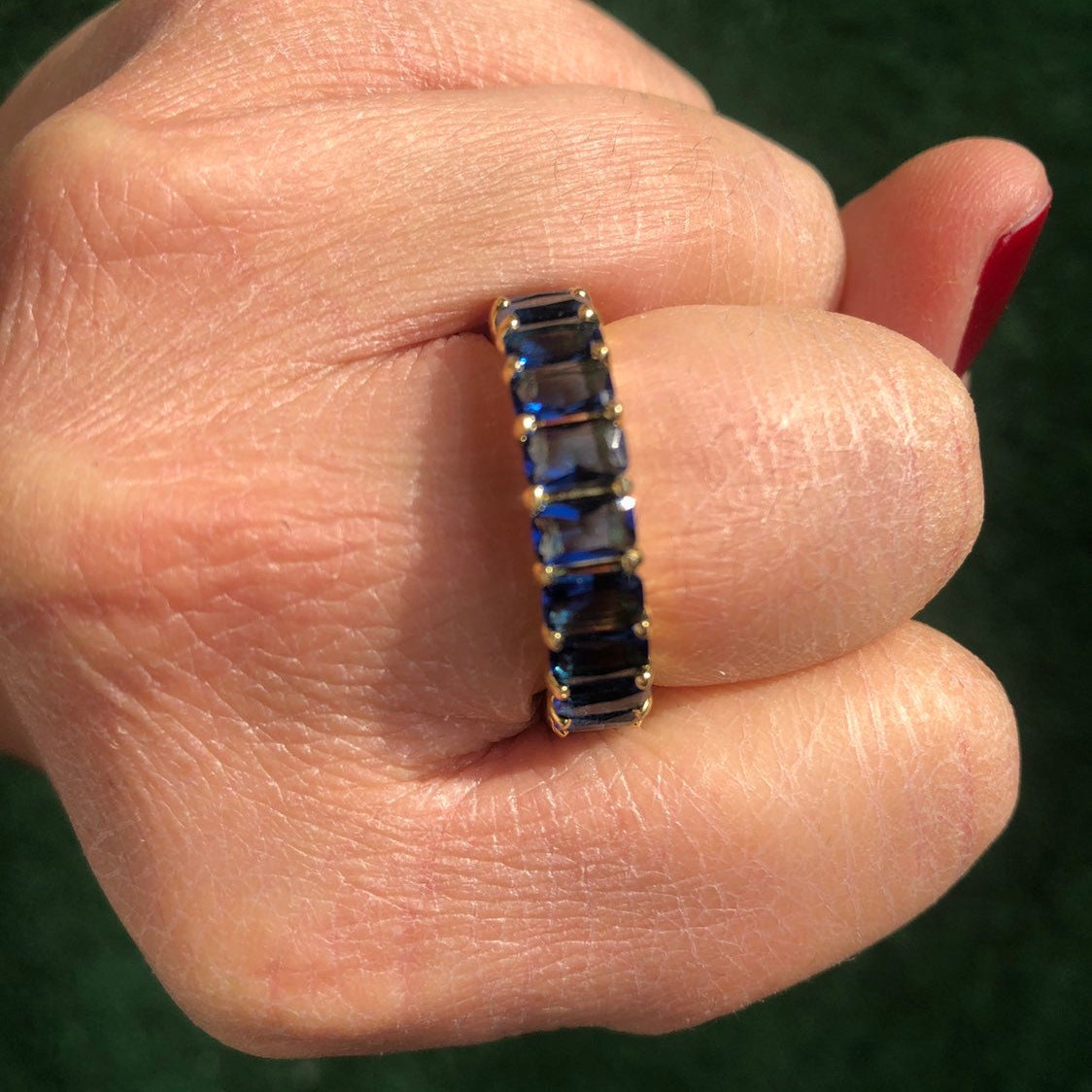 Emerald cut eternity band. Blue Sterling silver and 14K Gold Plated Baguette Style Eternity Band/Ring in Gold. Wedding ring. Anniversary gif