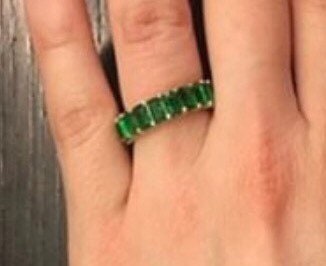 Emerald cut ring. Anniversary ring. Wedding band. Green Sterling Silver and 14K Gold Plated Baguette Style Eternity Band/ Ring