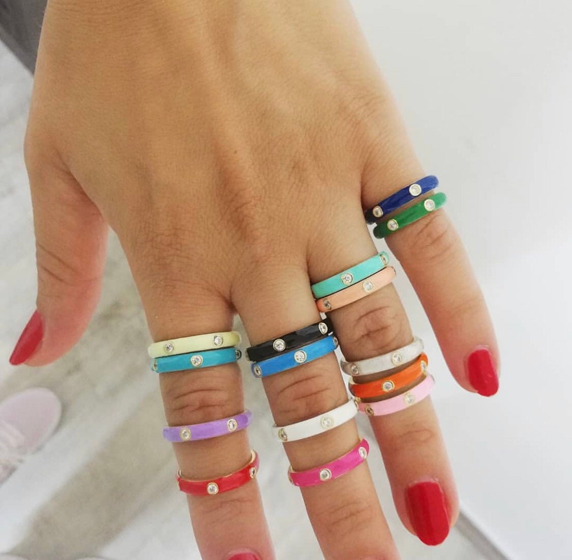 Colorful Enamel Rings and Bands in Sterling Silver gold plated (as pictured) | rainbow enamel ring | enamel stack ring