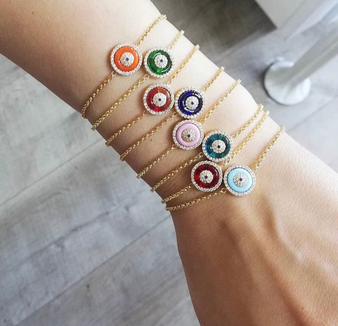 Evil eye bracelets in sterling silver gold, rose gold and silver. Khamsa bracelets. Eye bracelet.