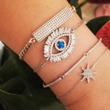 evil eye bracelets in sterling silver colors gold, rose gold and silver. Evil eye rainbow bracelet. Khamsa bracelets.