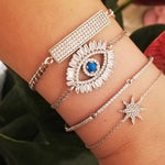 evil eye bracelets in sterling silver colors gold, rose gold and silver. Evil eye rainbow bracelet. Khamsa bracelets.