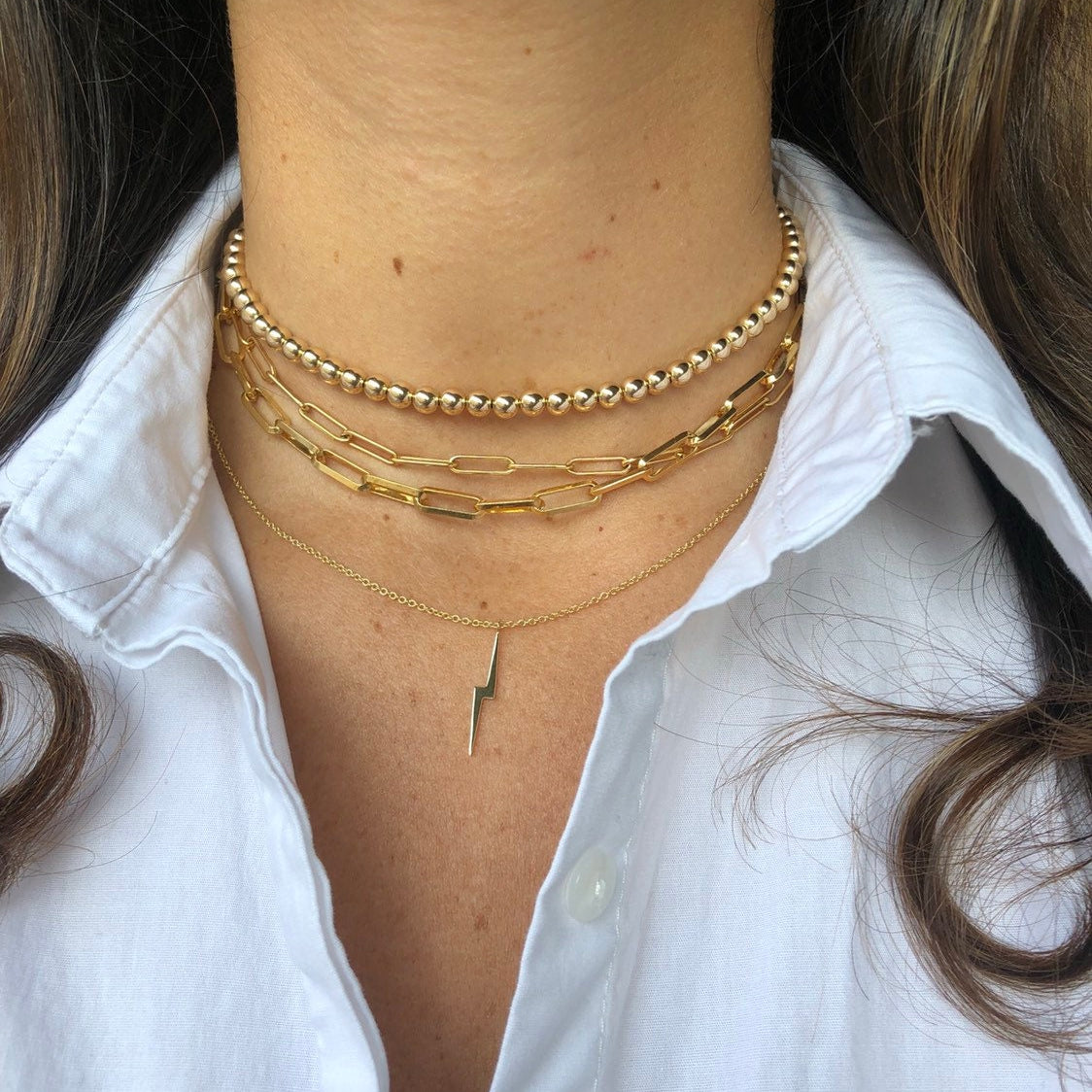 14k Gold Filled Paper Clip chains in small and medium size. Gold filled 5mm gold beaded bead choker.