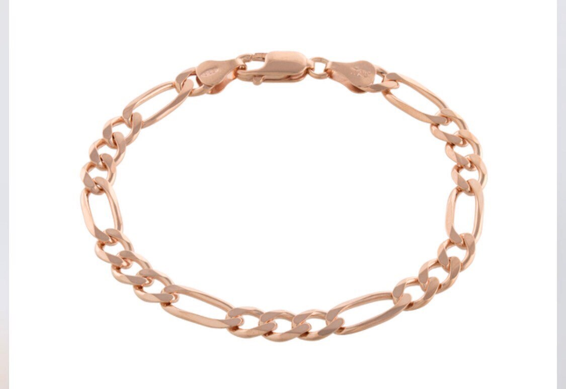 Figaro chain link bracelet in rose gold, gold and silver. Sterling silver and gold plated.