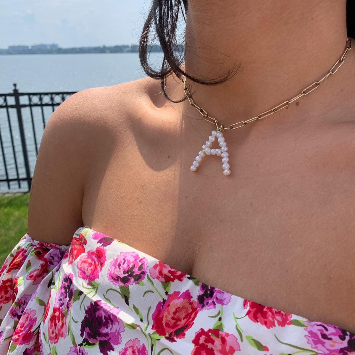 Pearl letters initial charm l initial necklace charm l sterling silver gold plated