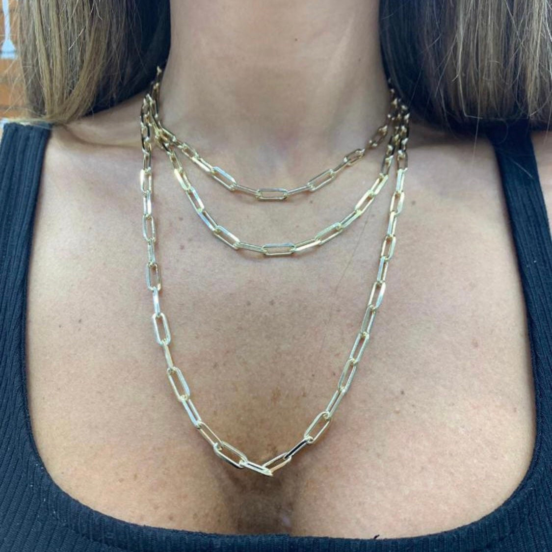 18K New chunky gold filled paper clip chain necklaces. Gold long link Chain necklaces. Long link chain choker. Paper clip necklace.