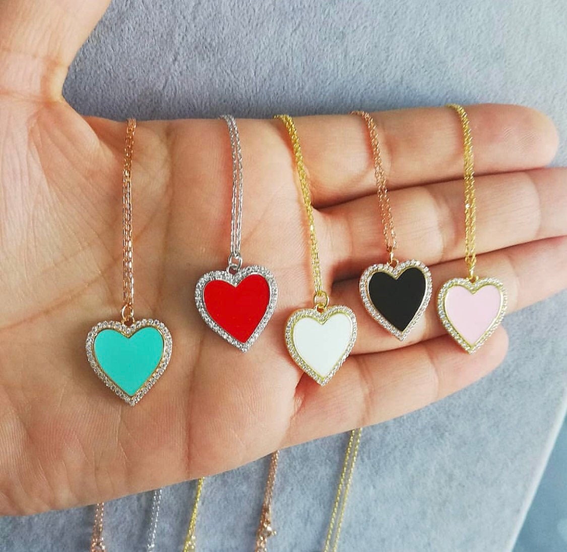 Sterling silver and gold plated heart enamel necklace with pave border