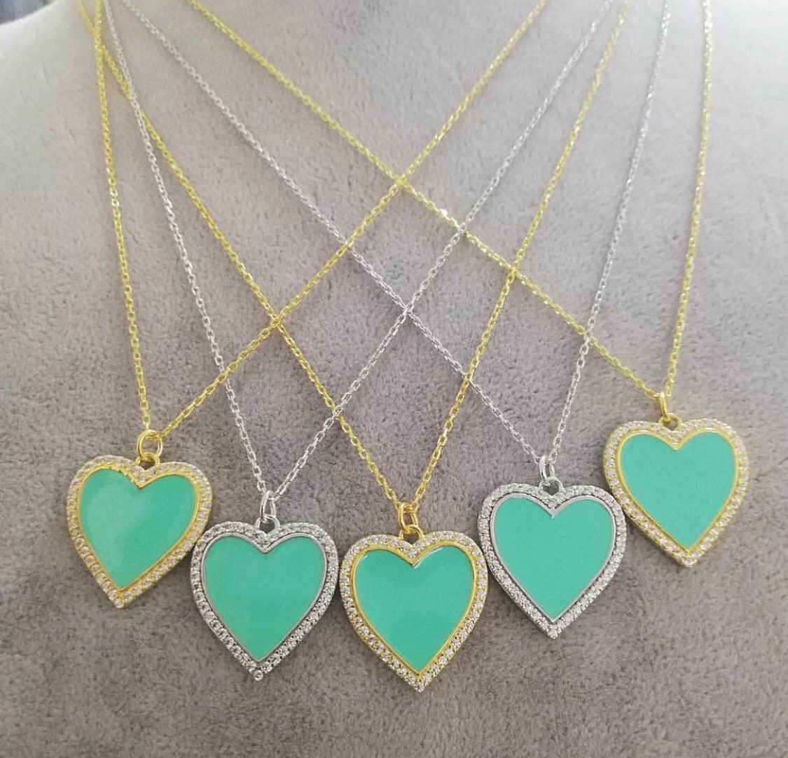 Sterling silver and gold plated heart enamel necklace with pave border