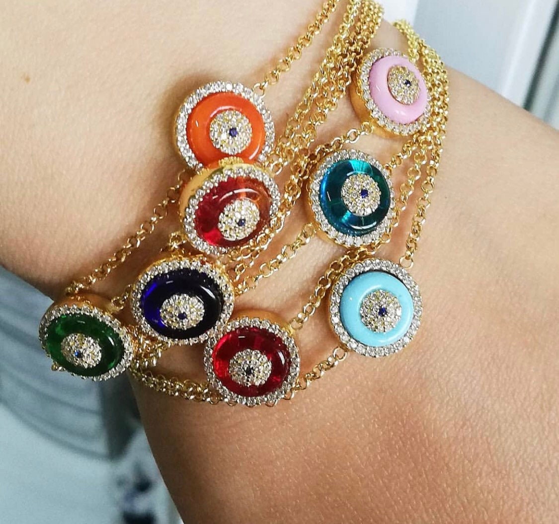 Evil eye bracelets in sterling silver gold, rose gold and silver. Khamsa bracelets. Eye bracelet.