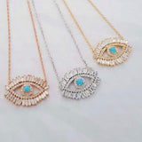 Evil eye baguette necklace in sterling silver. Colors: gold, rose gold and silver. Evil eye rainbow necklace. Khamsa necklace.