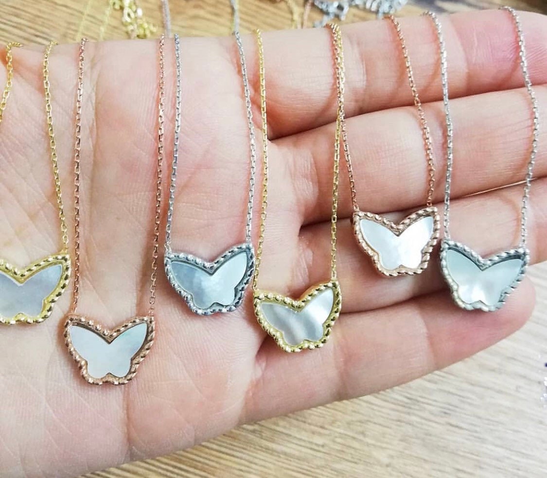 Mother of Pearl Butterly necklace | Sterling silver and gold plated butterfly necklaces in all the colors!