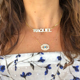 Evil eye baguette necklace in sterling silver. Colors: gold, rose gold and silver. Evil eye rainbow necklace. Khamsa necklace.