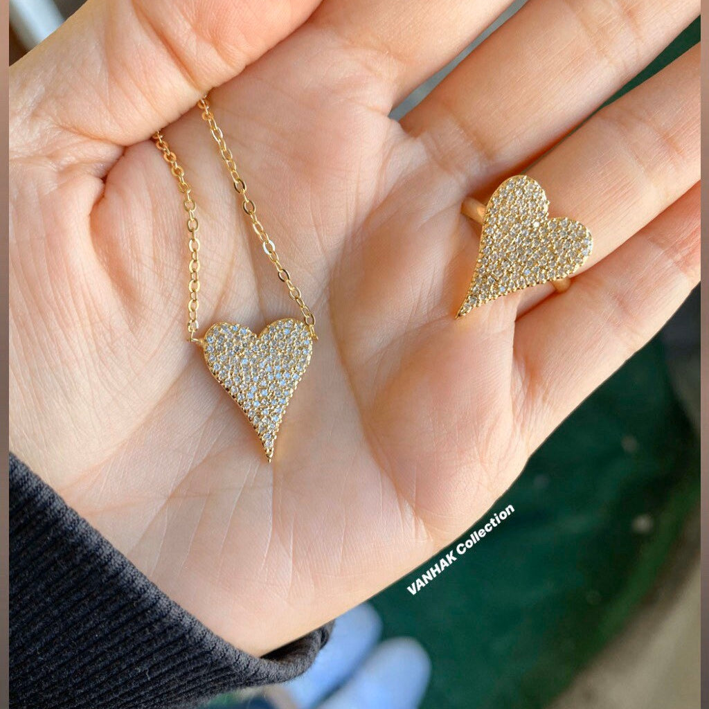 Gold filled heart ring and heart necklace. Color gold. Ring available in Sizes 5-9.