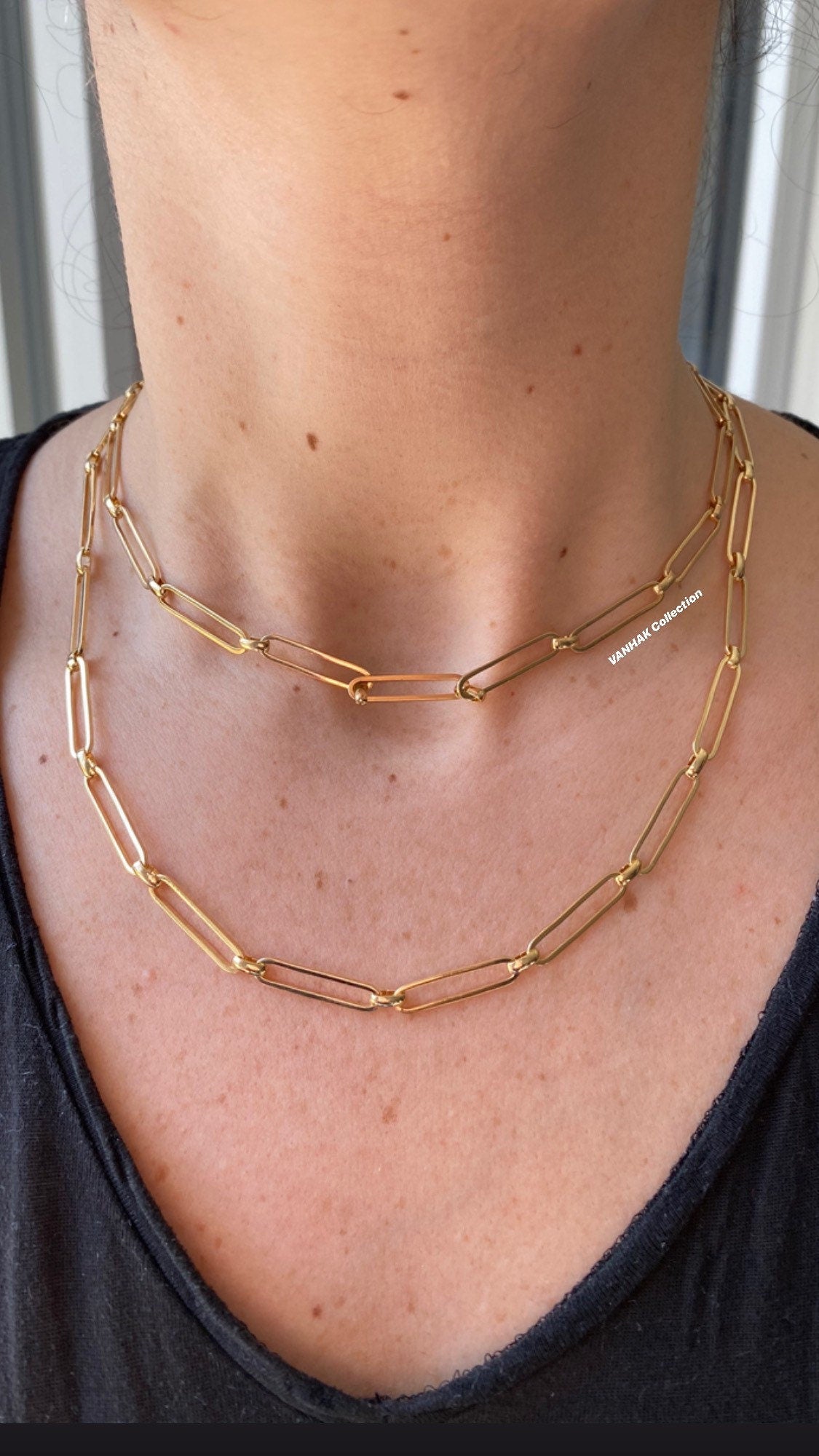 18K gold filled chain necklace. long link chain choker. Paper clip necklace.