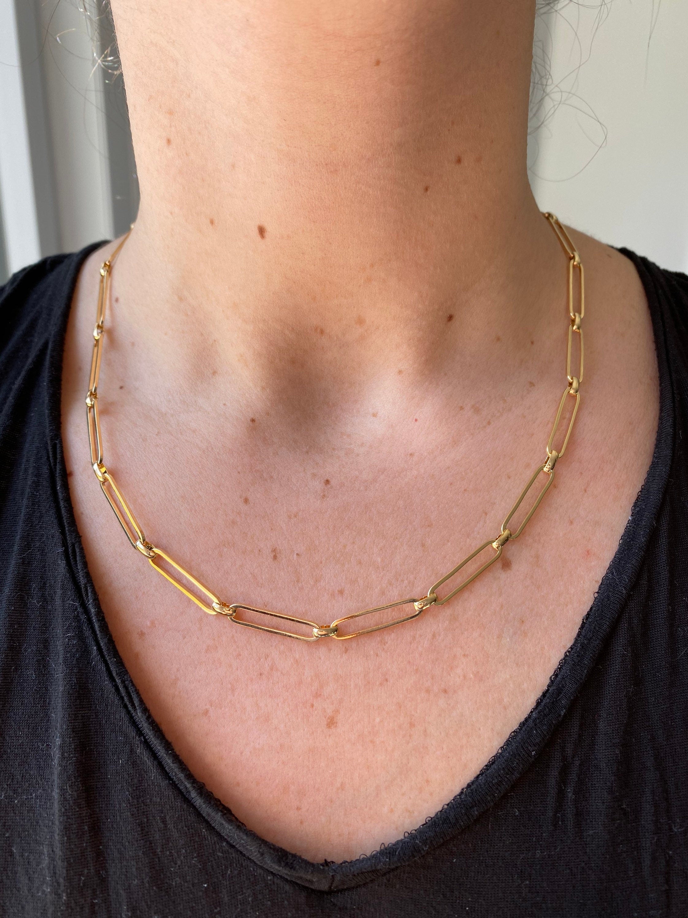 18K gold filled chain necklace. long link chain choker. Paper clip necklace.