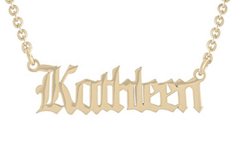 Personalized custom name choker necklace sterling silver and gold plated. Old English/gothic font nameplate